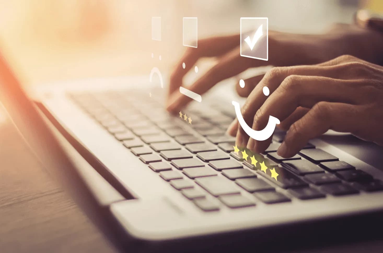  A person typing on a laptop while viewing customer reviews, symbolising responsive customer service.