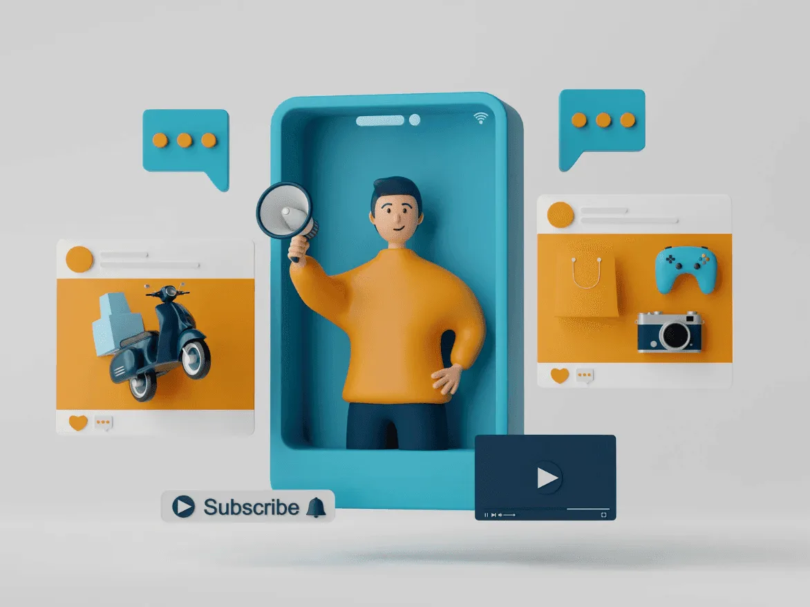 3D illustration of marketer emerging from smartphone with shopping, gaming, and media icons — showcasing the power of creative ad visuals and compelling content.