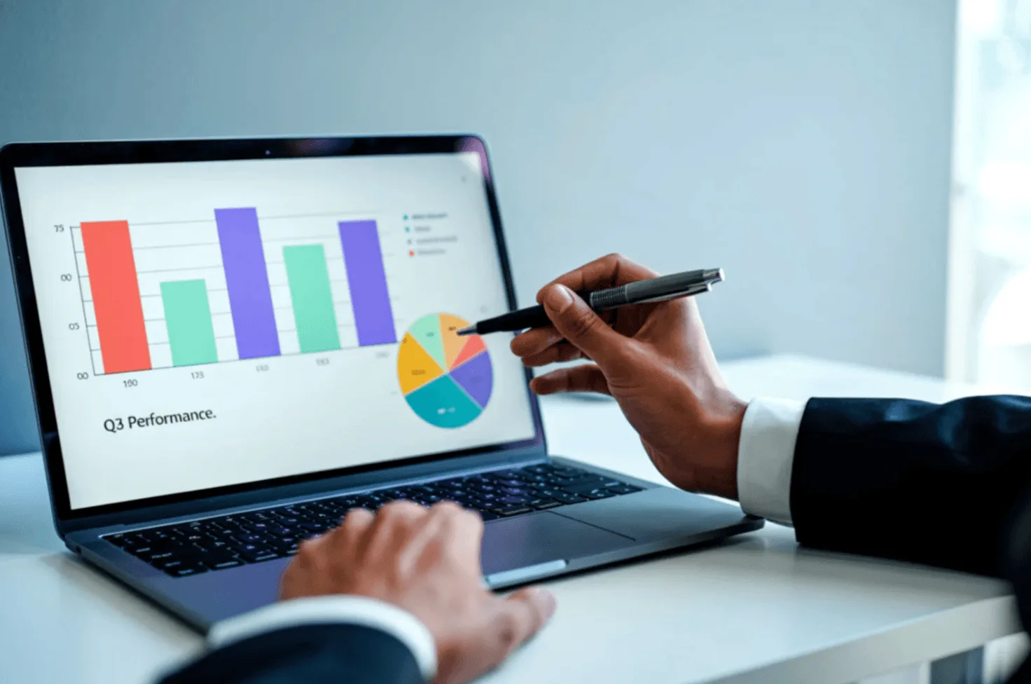 Professional in blue blazer analysing ad metrics on laptop — visual metaphor for identifying performance drift in ageing Amazon campaigns.