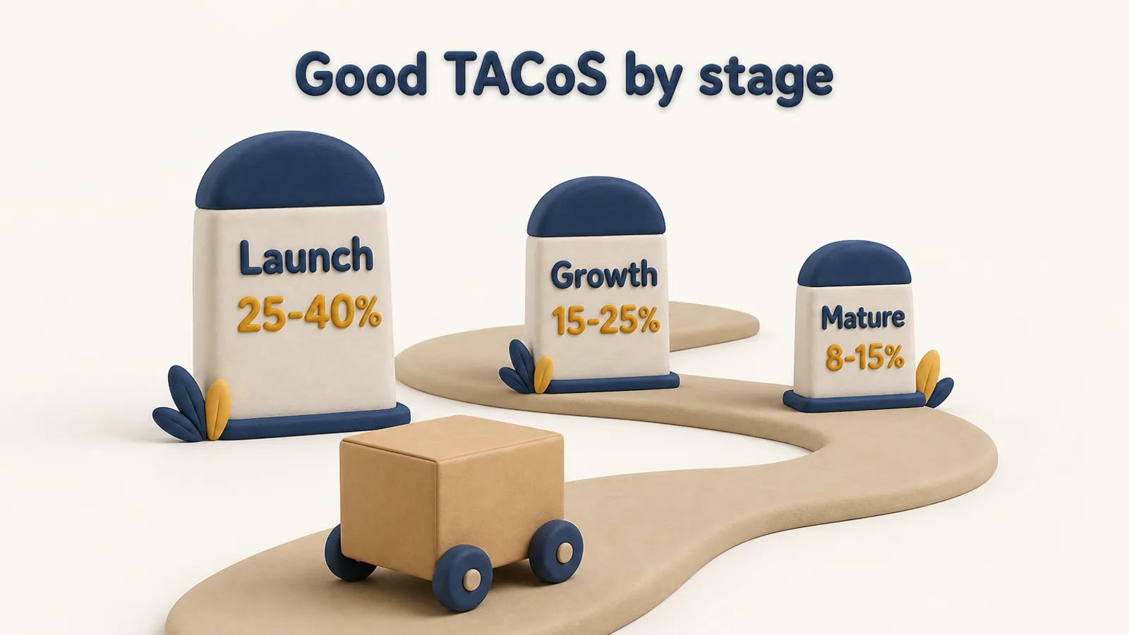Clay-style path with three milestone markers labelled Launch 25 to 40 percent, Growth 15 to 25 percent and Mature 8 to 15 percent, showing how a good Amazon TACoS falls as a product builds organic rank