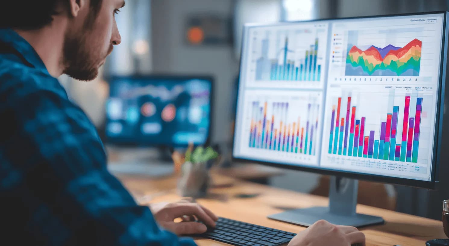 Marketer reviewing multiple data charts on a desktop monitor, representing real-time Amazon PPC dashboards and performance tracking.