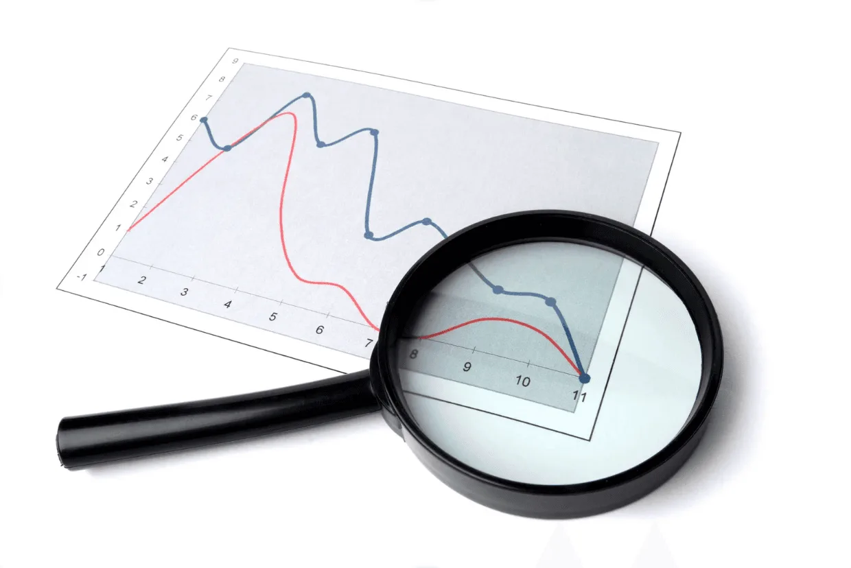 Magnifying glass zooming in on a multi-line graph showing paid and organic performance trends on Amazon
