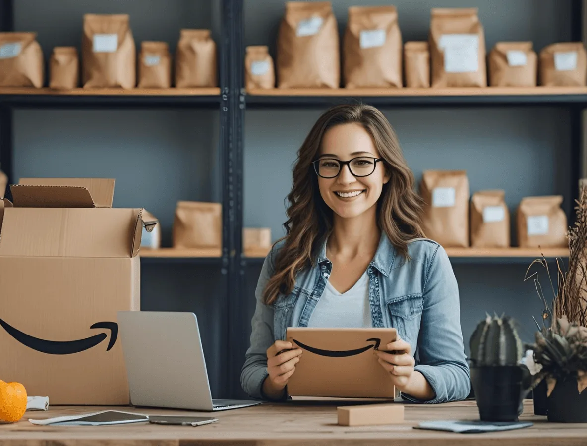 Smiling Amazon seller managing packages with a laptop, showcasing balanced automation and strategic business growth without manual micromanagement.