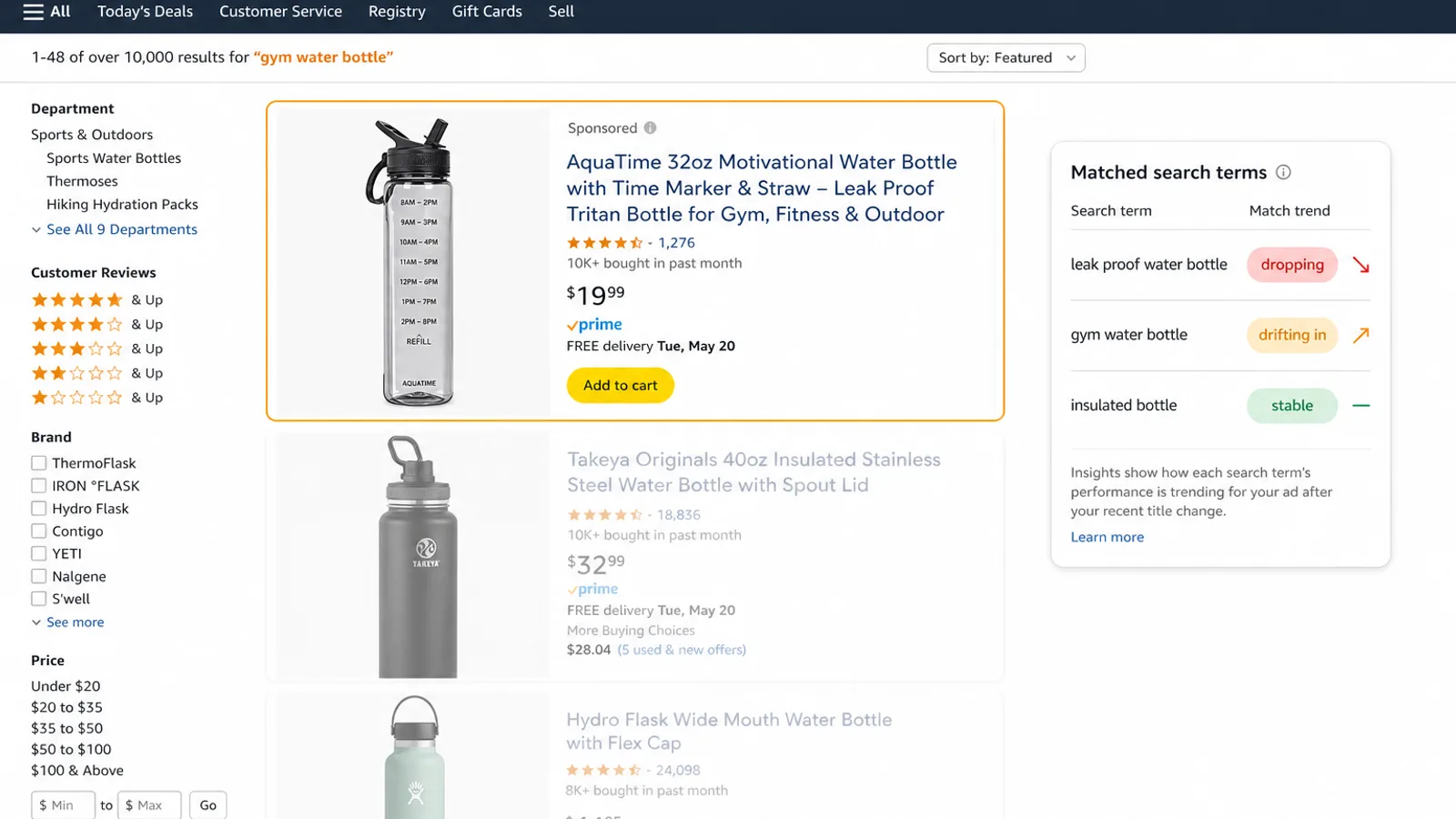 Amazon search results page for gym water bottle with a highlighted Sponsored Products result and a Matched search terms panel showing leak proof water bottle dropping, gym water bottle drifting in, and insulated bottle stable, illustrating how auto and broad-match targeting drifts onto a changing set of search terms after a title is trimmed