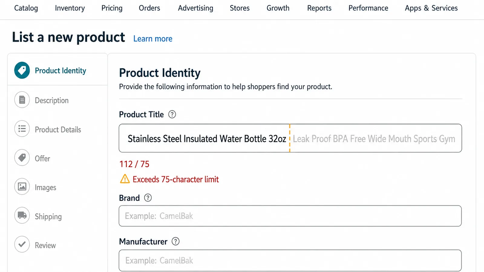 Amazon Seller Central listing editor with a keyword-stuffed product title cut at an amber line after the 75th character, the trailing words greyed out and a red 112 / 75 counter reading Exceeds 75-character limit, illustrating how Amazon's title limit forces keywords out of the product title