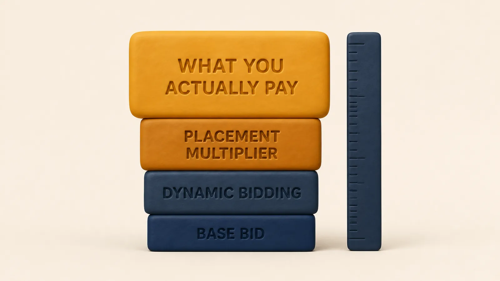 Tower of four clay blocks growing wider as they rise, labelled base bid, dynamic bidding, placement multiplier and what you actually pay, showing how an Amazon Sponsored Products bid escalates into a much larger cost per click