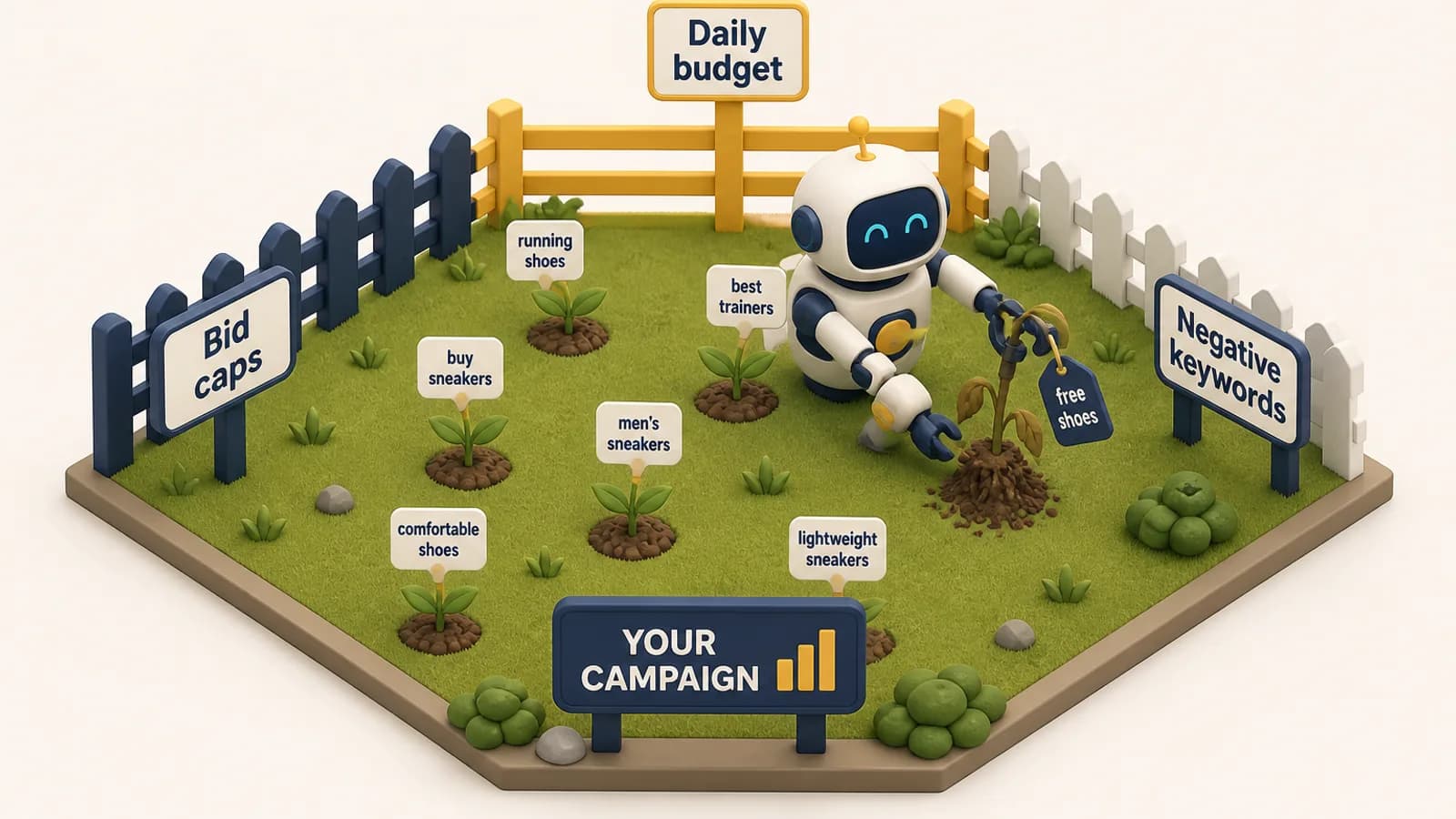 An Amazon Sponsored Products campaign drawn as a fenced field, with bid caps, daily budget and negative keyword lists as the fences that keep automated keyword additions and pauses inside the seller's limits
