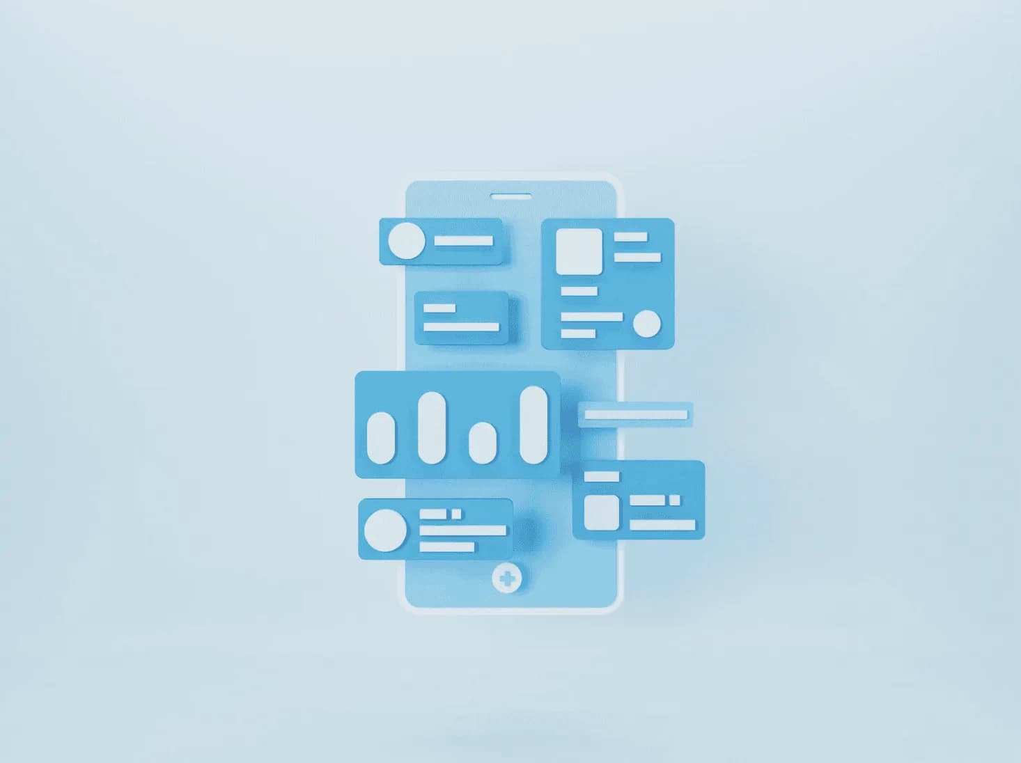 3D illustration of a smartphone interface with floating UI components, including charts, profiles, and content cards — symbolising the power of mobile-first design and interactive feature utilisation.