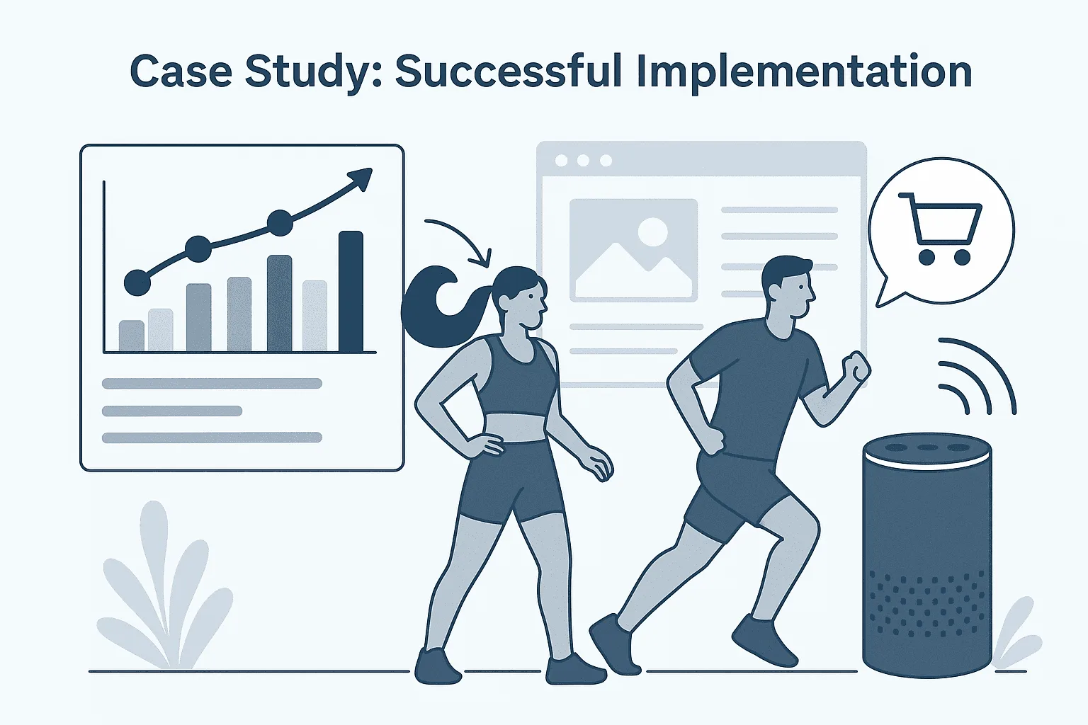 Illustrated case study featuring a fitness-themed scene with users interacting with data, digital content, and a voice assistant device — representing real-world success through performance analytics and voice-enabled commerce.