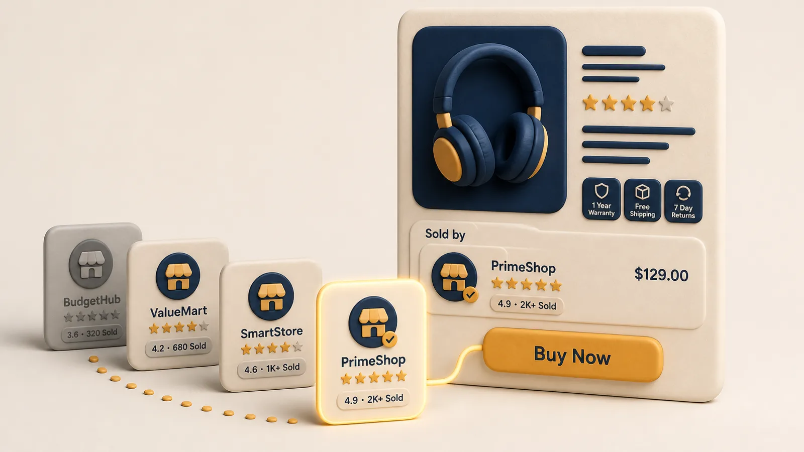 Clay-render product detail page with the Buy Now button and several seller tiles rotating through the featured slot, one dimmed, illustrating contested Amazon Featured Offer ownership