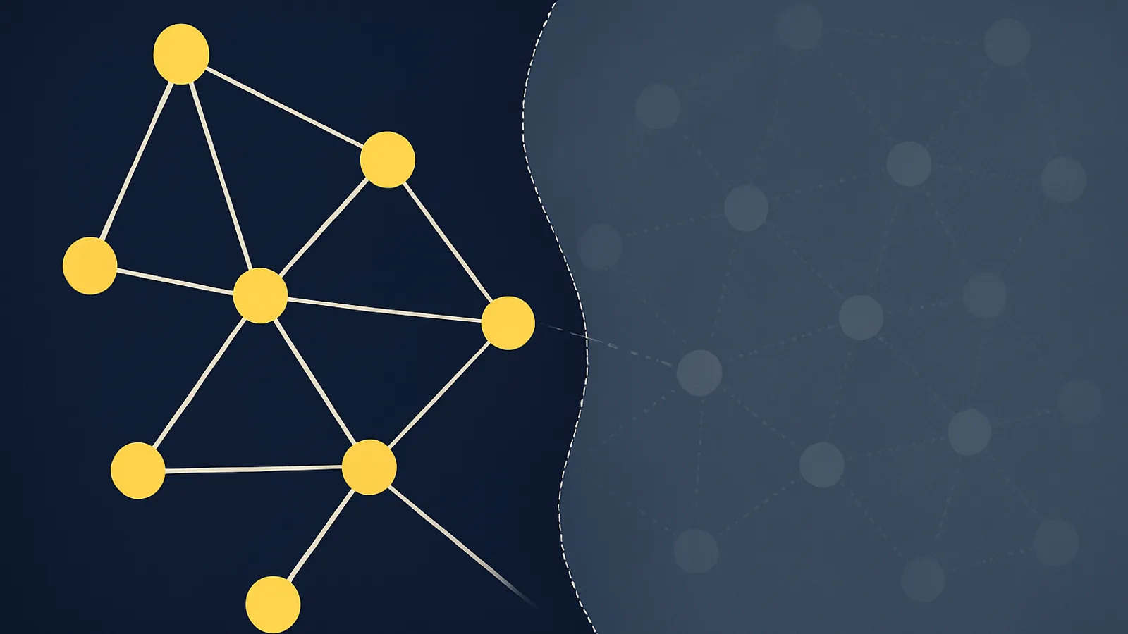 A foggy network map with brightly lit, clearly connected nodes inside a boundary and dim, uncertain nodes linked by dotted lines outside it, illustrating clean on-Amazon attribution versus modeled off-Amazon conversion tracking
