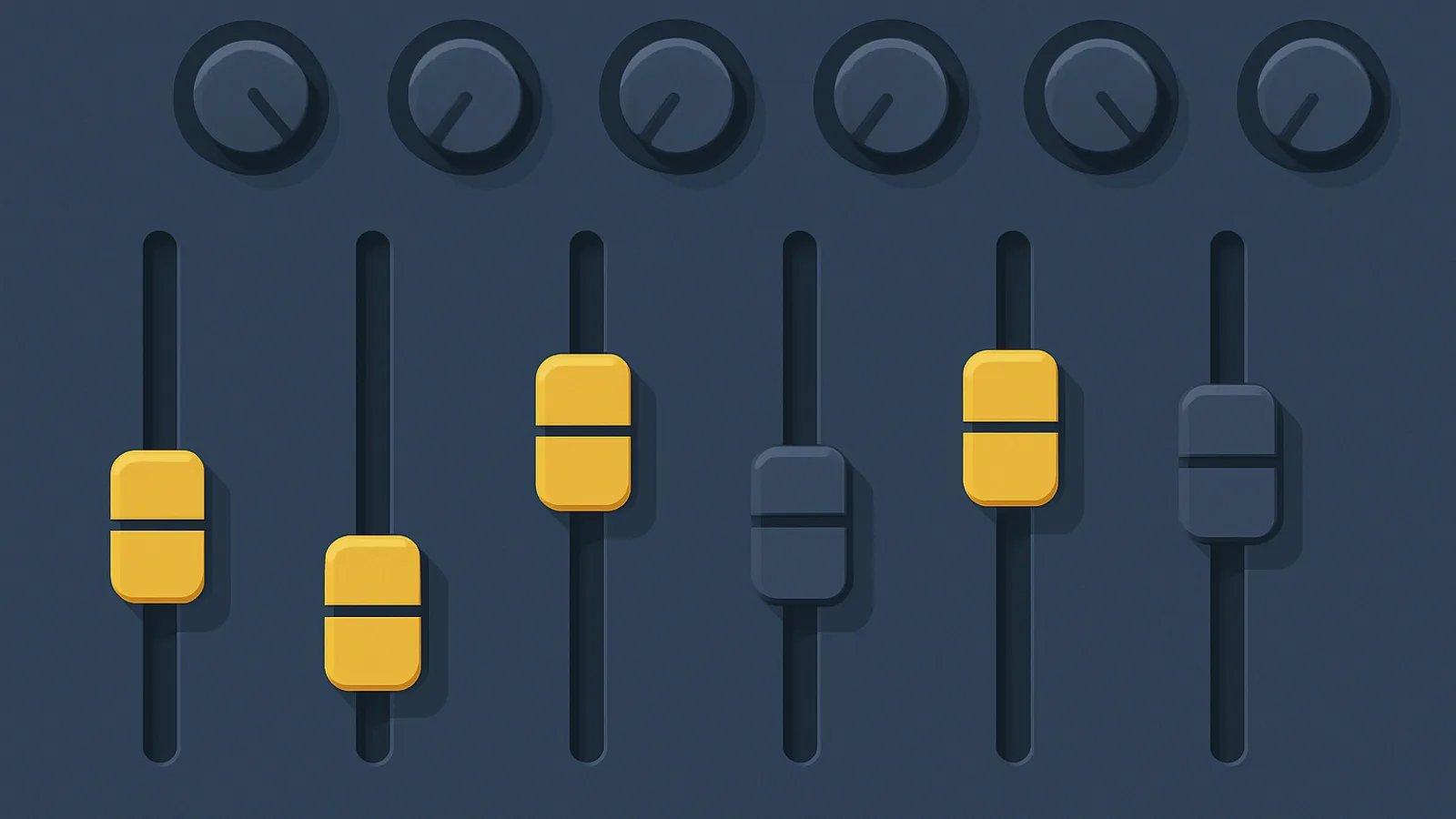A clean control panel of balanced sliders and dials at deliberately varied settings, illustrating per-campaign off-Amazon controls tuned to each goal rather than left on a single default