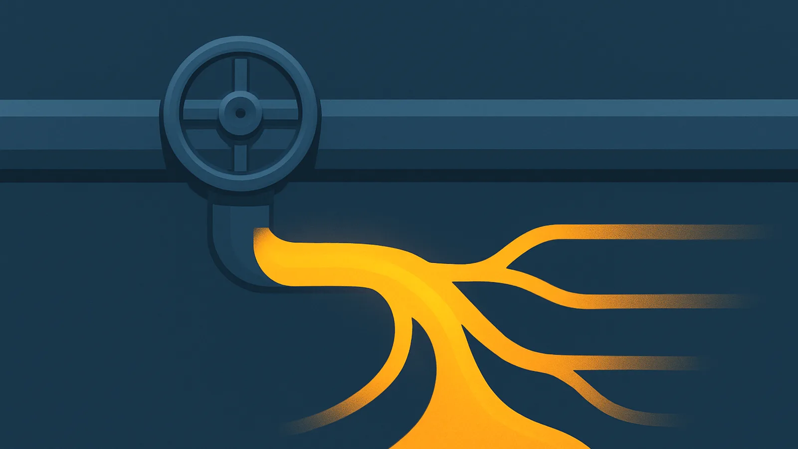 An open valve on a budget pipeline left in its default position, letting flow spill out into smaller side channels, illustrating Sponsored Products campaigns opted into off-Amazon placements by default