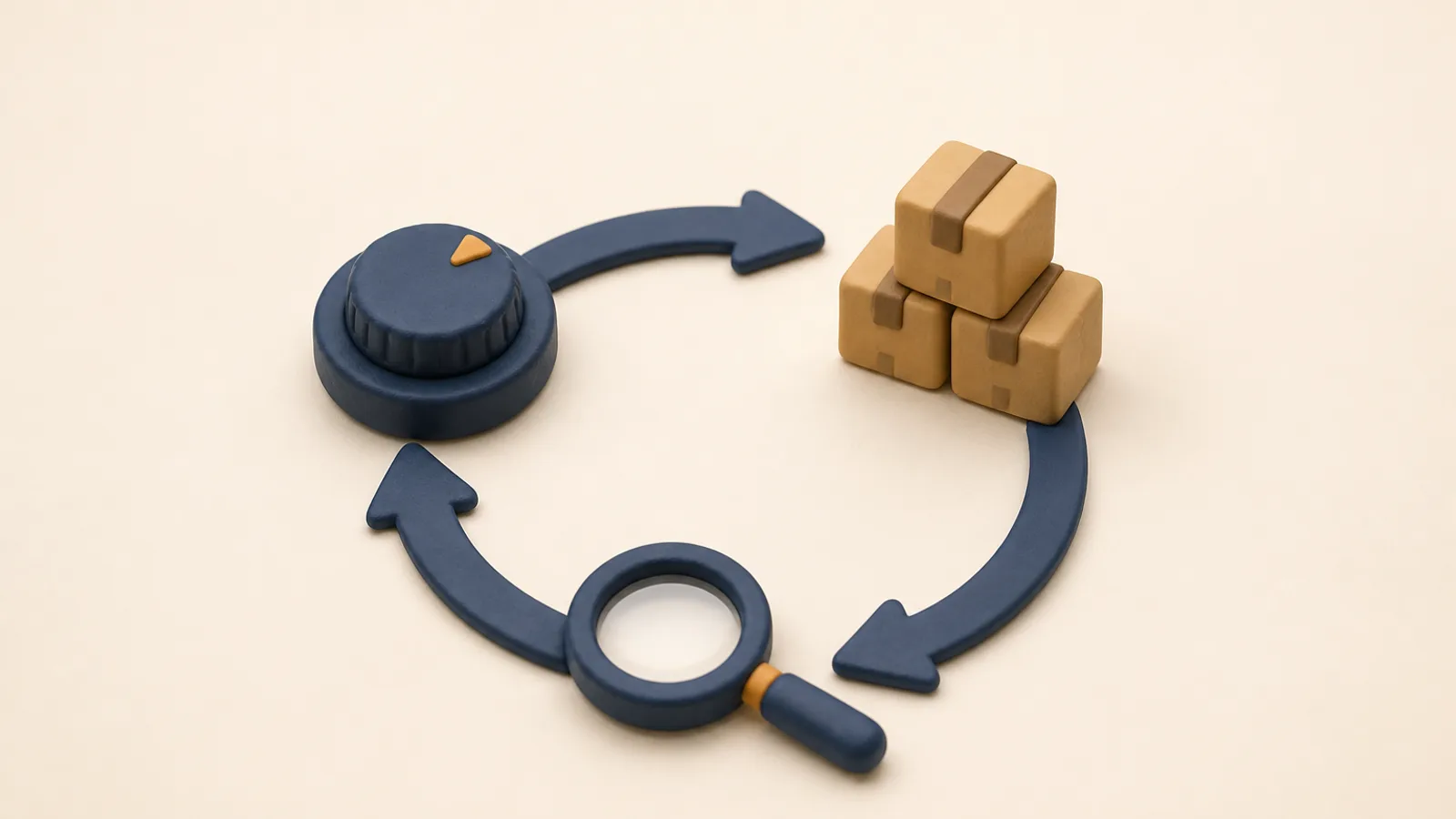 Soft 3D clay render of a closed-loop bid control system with a dial, feedback arrows and stacked product blocks, representing automated Amazon PPC bid adjustment during Q4