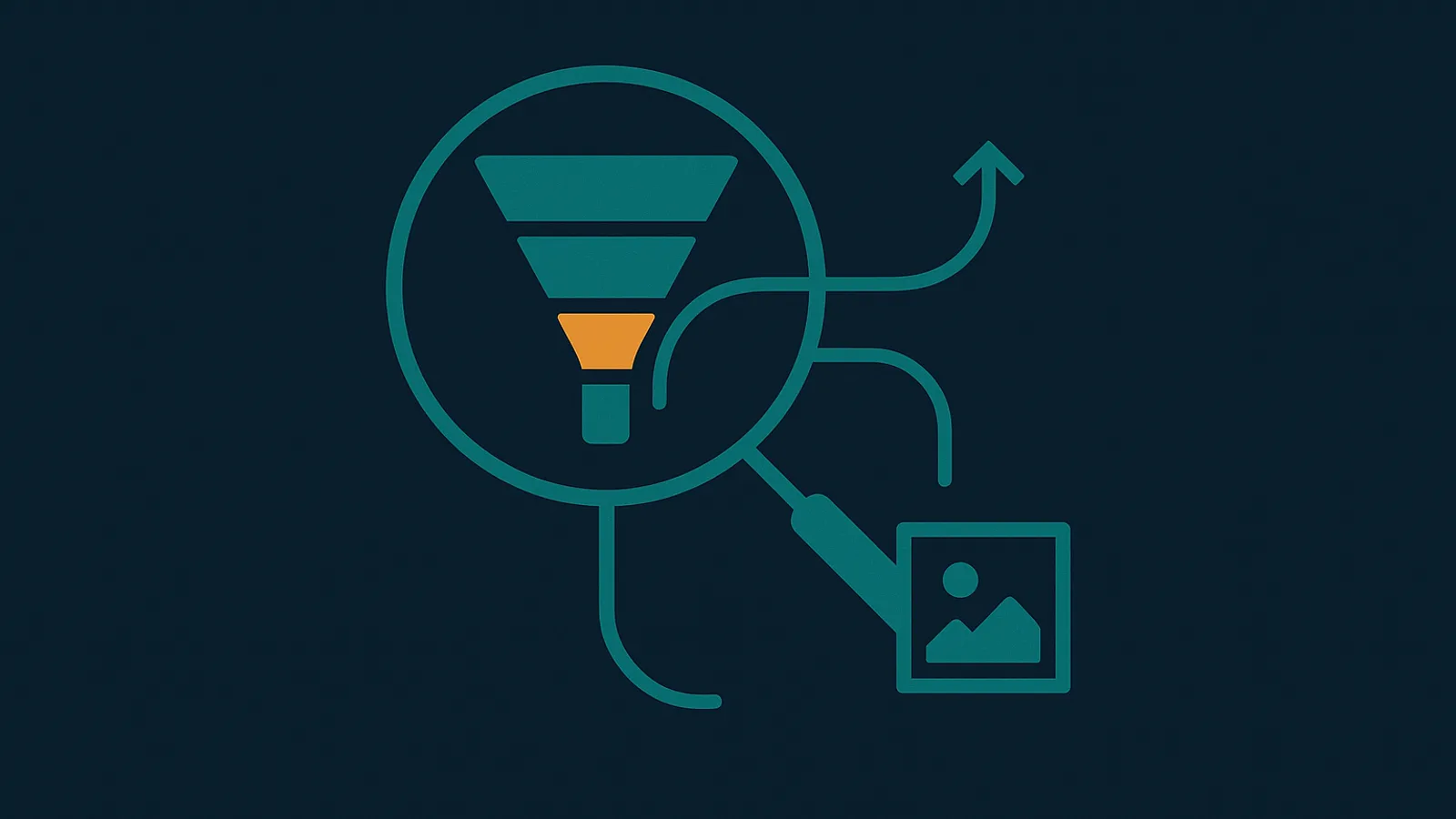 A single product node under a magnifier with its funnel split into four descending stages and one stage glowing as the leak point, branching into an ads path and a listing path, illustrating how the Amazon Search Catalog Performance funnel separates an ads problem from a listing problem per ASIN