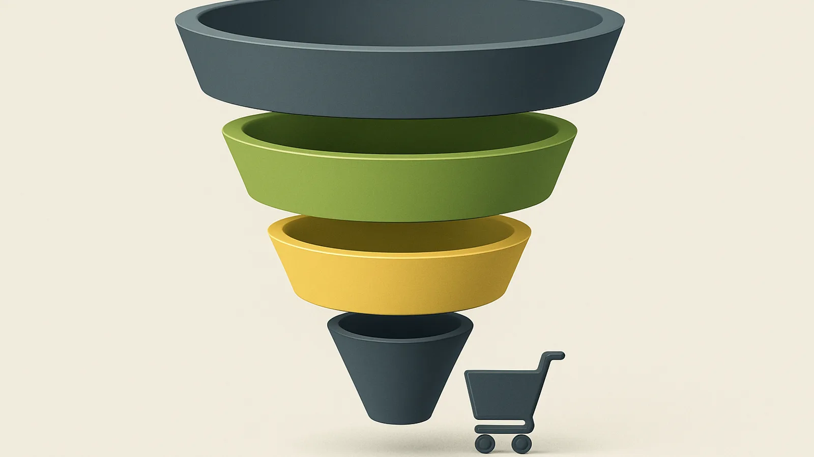 Amazon search funnel stages from impressions to clicks to cart adds to purchases as a narrowing diagram