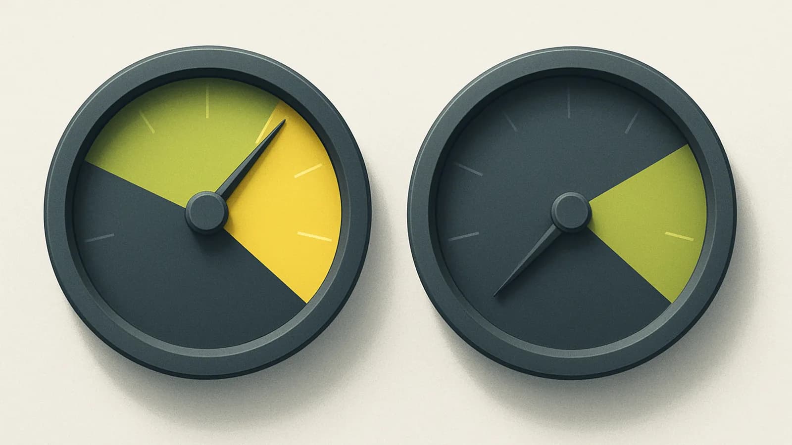 Two gauges side by side comparing a high reading against a low reading to show a performance gap