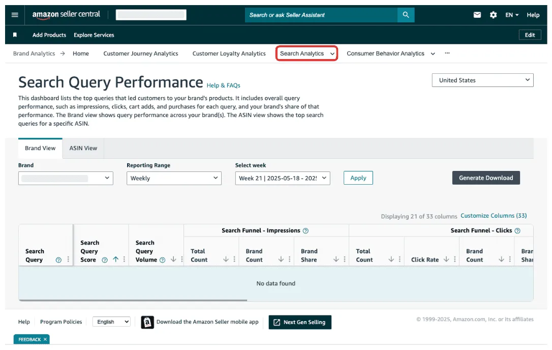 Amazon Seller Central’s Search Query Performance dashboard under the Search Analytics tab, showing filters for brand, date range, and week selection, with Brand View and ASIN View tabs for query-level performance data export.