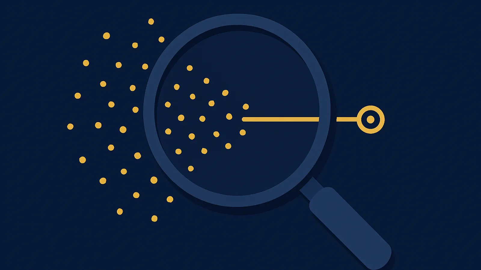 A magnifying lens focusing scattered dots into a single aligned trajectory toward a target marker, representing goal-based bid optimization tuned to a seller's target ACoS.