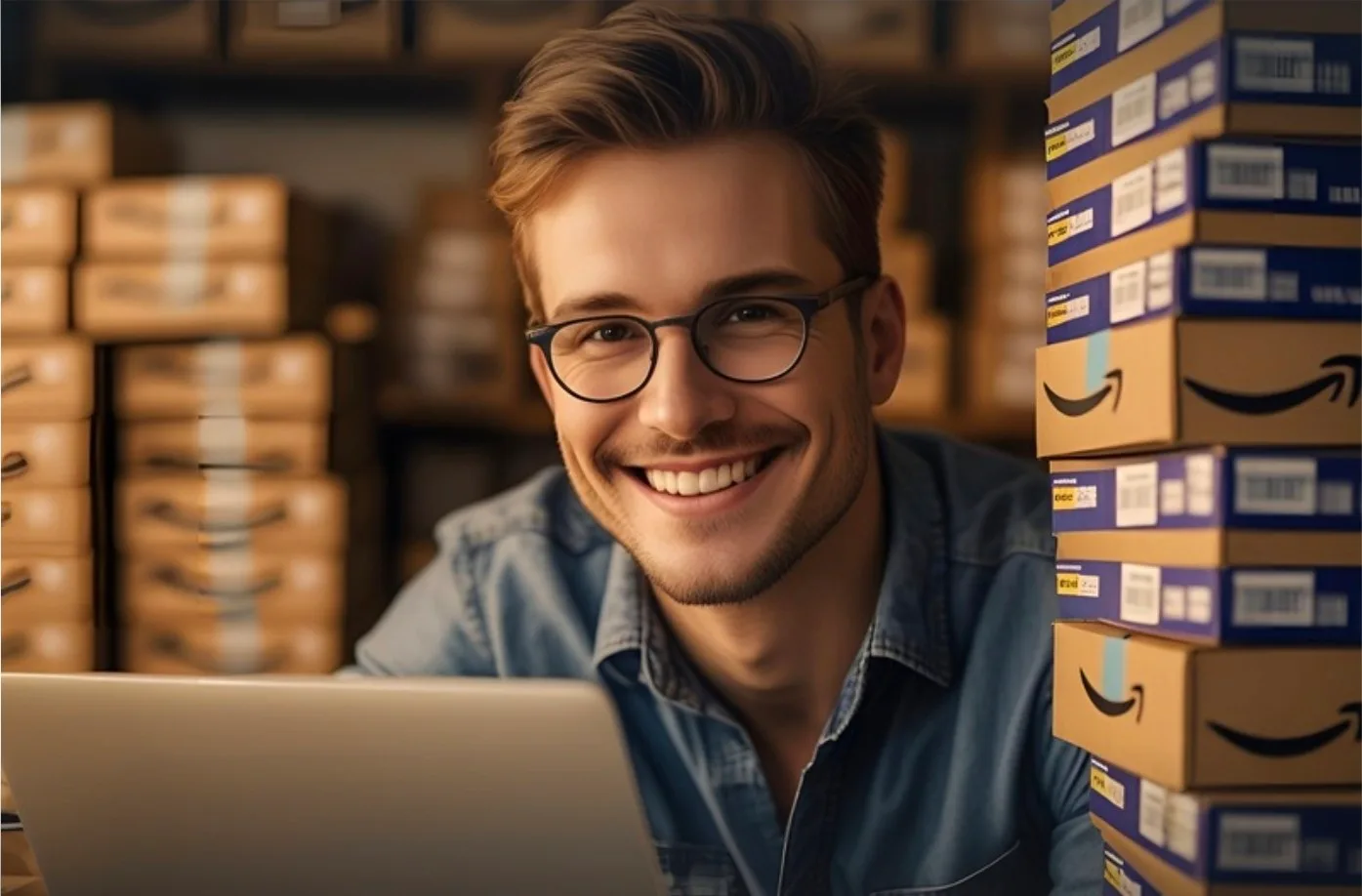 Happy e-commerce seller surrounded by Amazon shipping boxes in warehouse – optimising ad targeting to boost Amazon sales without cannibalization
