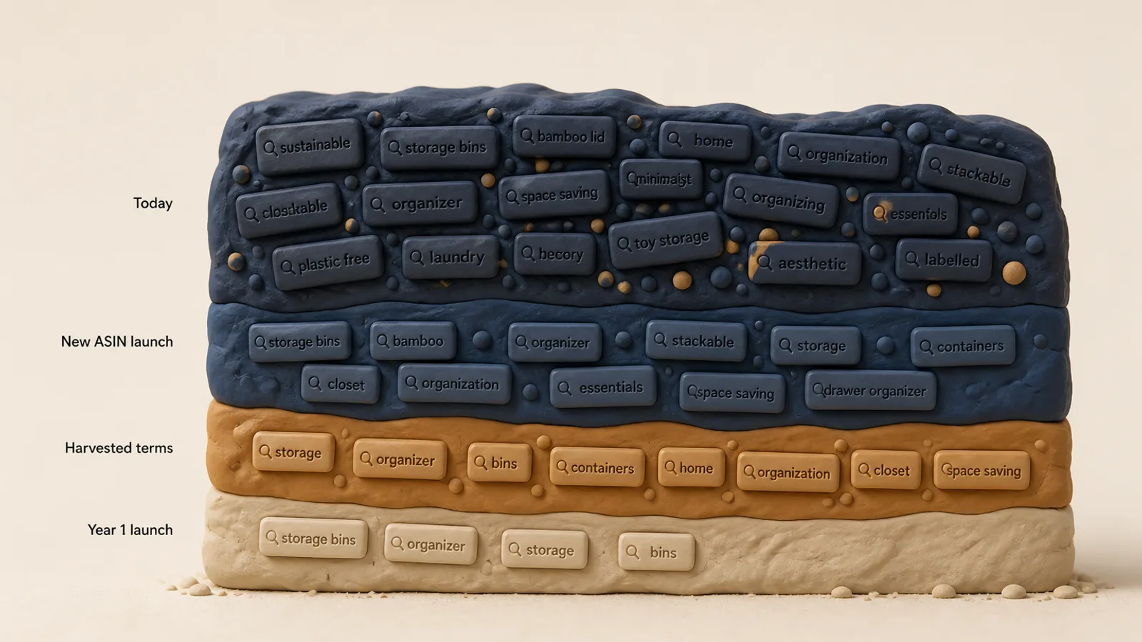 Clay-style cutaway of sediment layers labelled Year 1 launch, Harvested terms, New ASIN launch and Today, each packed with more keyword chips than the last, showing how duplicate keywords accumulate in an Amazon ad account
