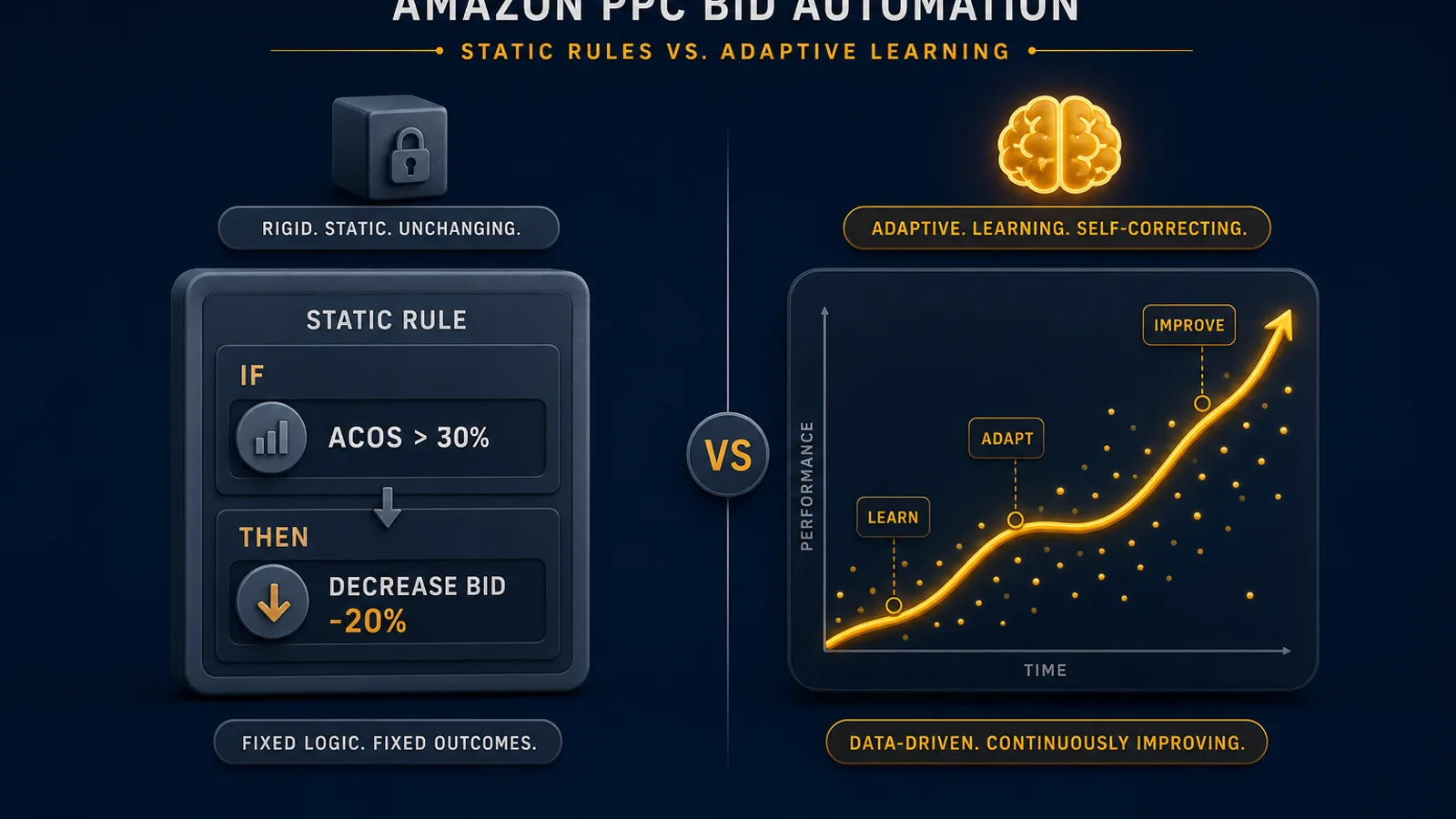 Split diagram contrasting a static if-then rule card against an adaptive learning curve, illustrating rules-based versus AI Amazon PPC software