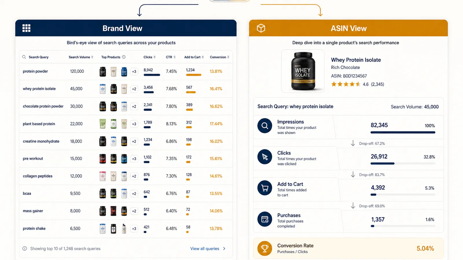 Two side-by-side Amazon SQP dashboard panels, a brand-wide view listing many queries across products on the left and a single-ASIN drill-down tying one product to its query funnel on the right, showing when to read Brand View versus ASIN View