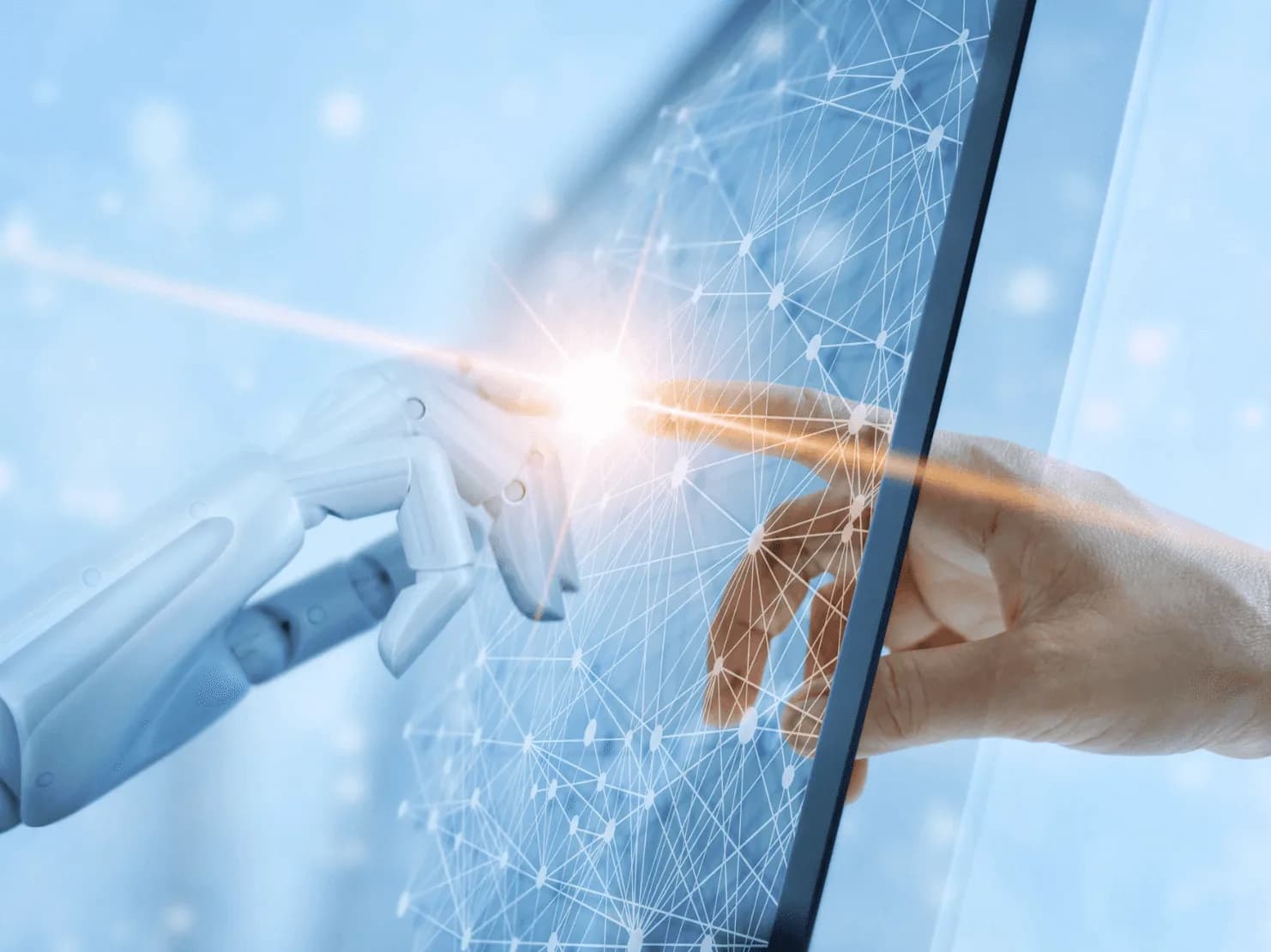 AI and human hands meeting through a digital interface, illustrating AI-driven Amazon PPC automation and optimisation.