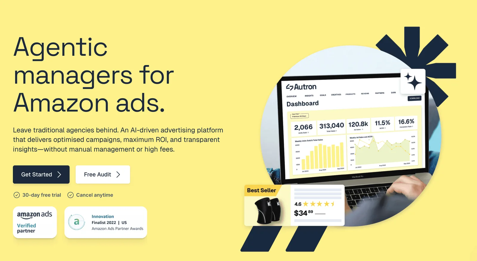 Promotional graphic for Autron, an AI-driven Amazon ads platform, showing performance dashboards and advertising results on a laptop.