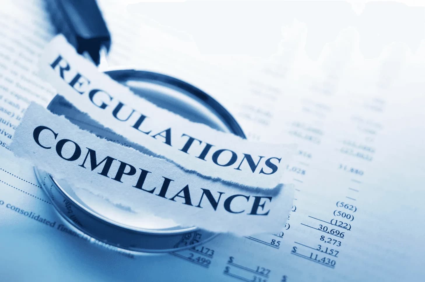 Amazon ad compliance and automation concept with magnifying glass over regulations and policy documents