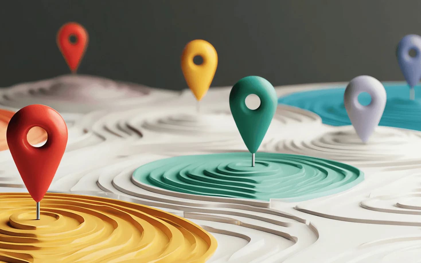Colorful location pins on topographic map showing shifts in Amazon buyer behavior and customer targeting after Q4 holiday season