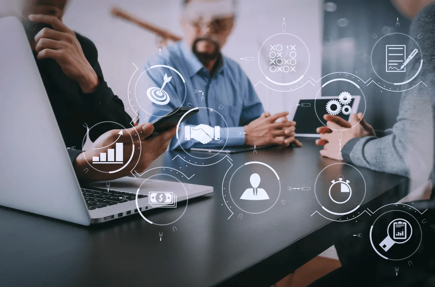 Business team discussing Amazon advertising services limitations with digital automation icons showing PPC management at scale