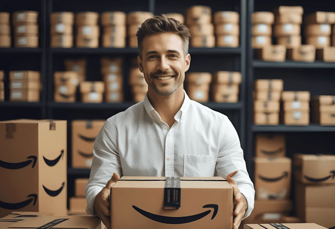 Smiling Amazon seller in warehouse holding branded package with shelves of parcels behind