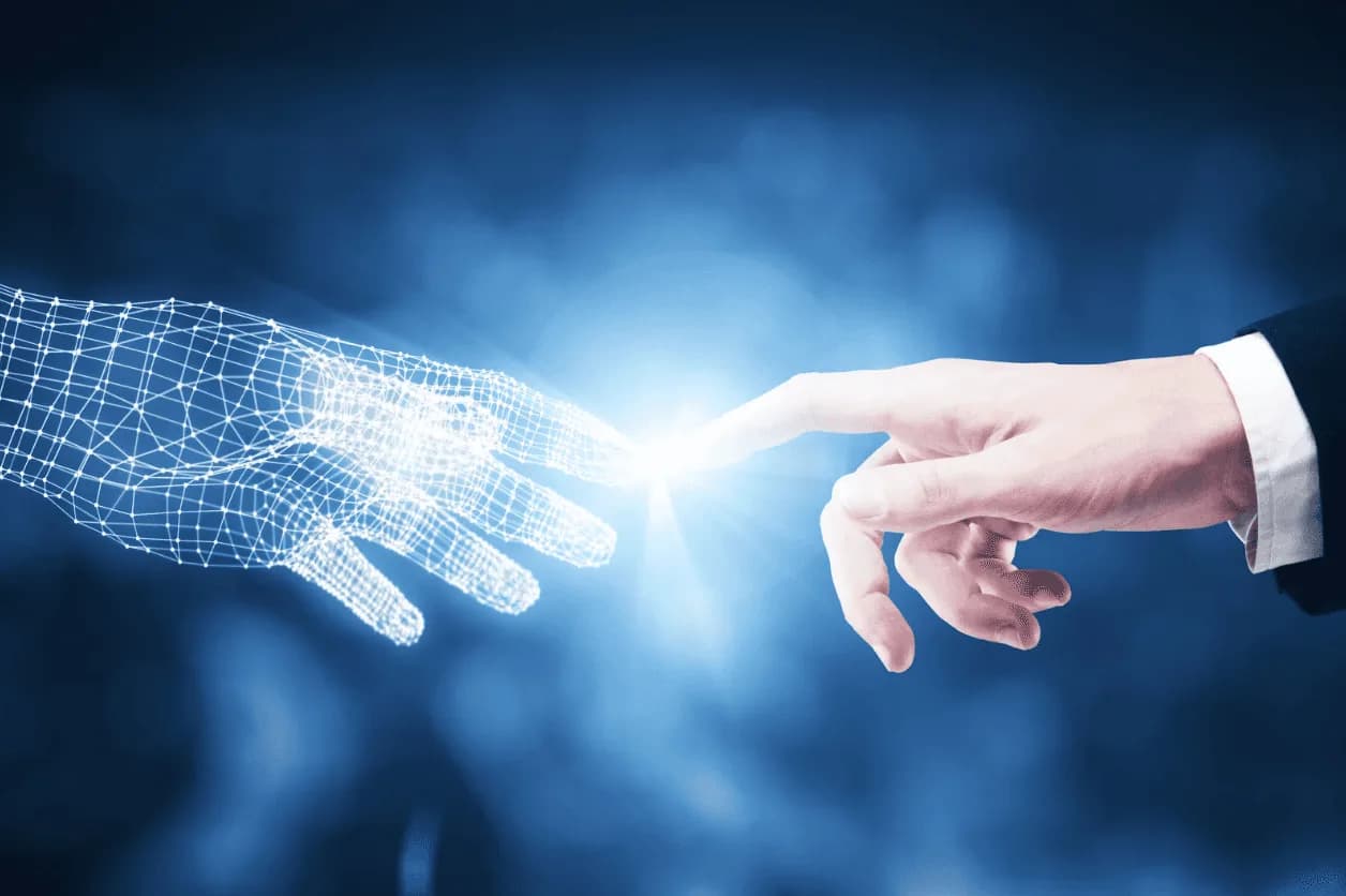 Digital hand touching human finger symbolising AI-powered automation in Amazon advertising