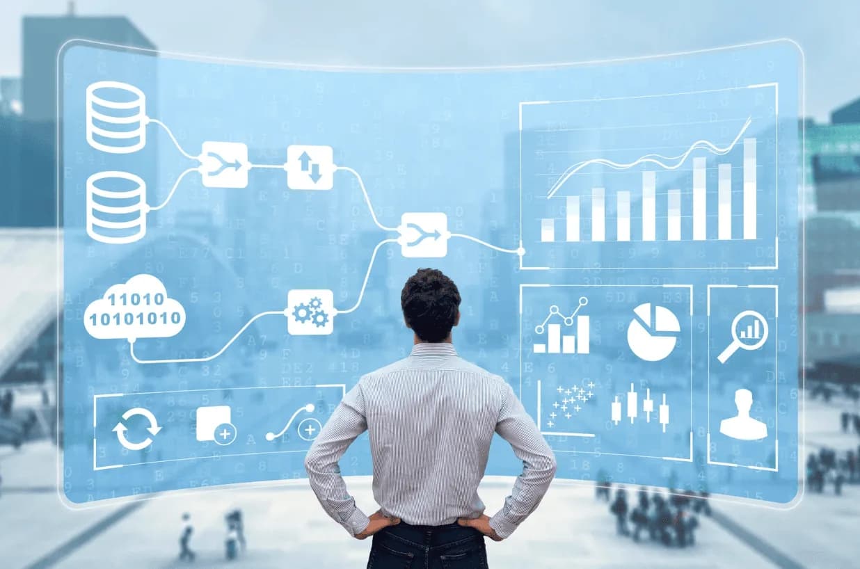 Businessman analysing digital dashboard with data flow and charts, questioning ad growth impact on business health