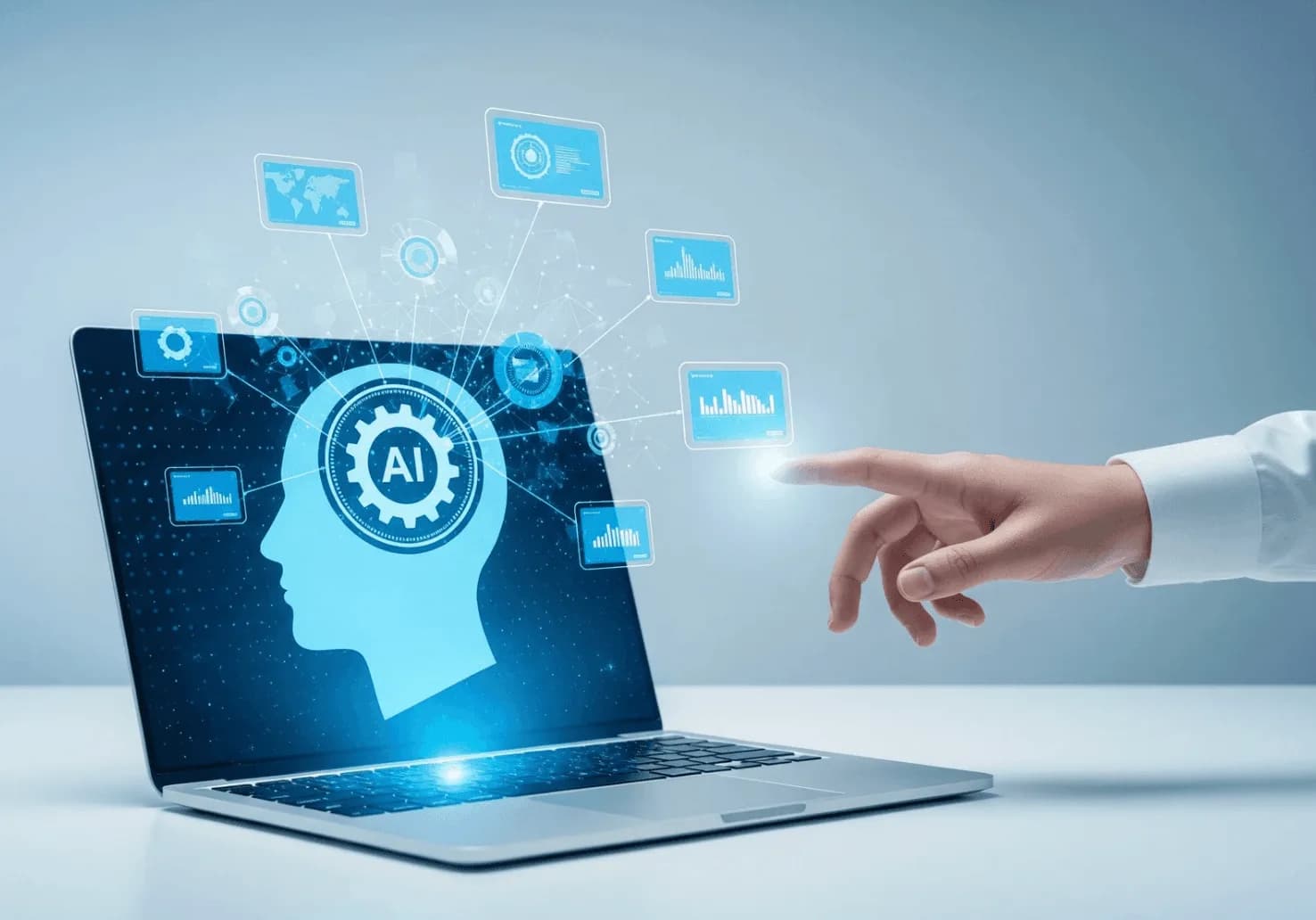 Finger touching a floating digital interface with AI icons emerging from a laptop — representing AI automation managing Amazon PPC tasks humans overlook.