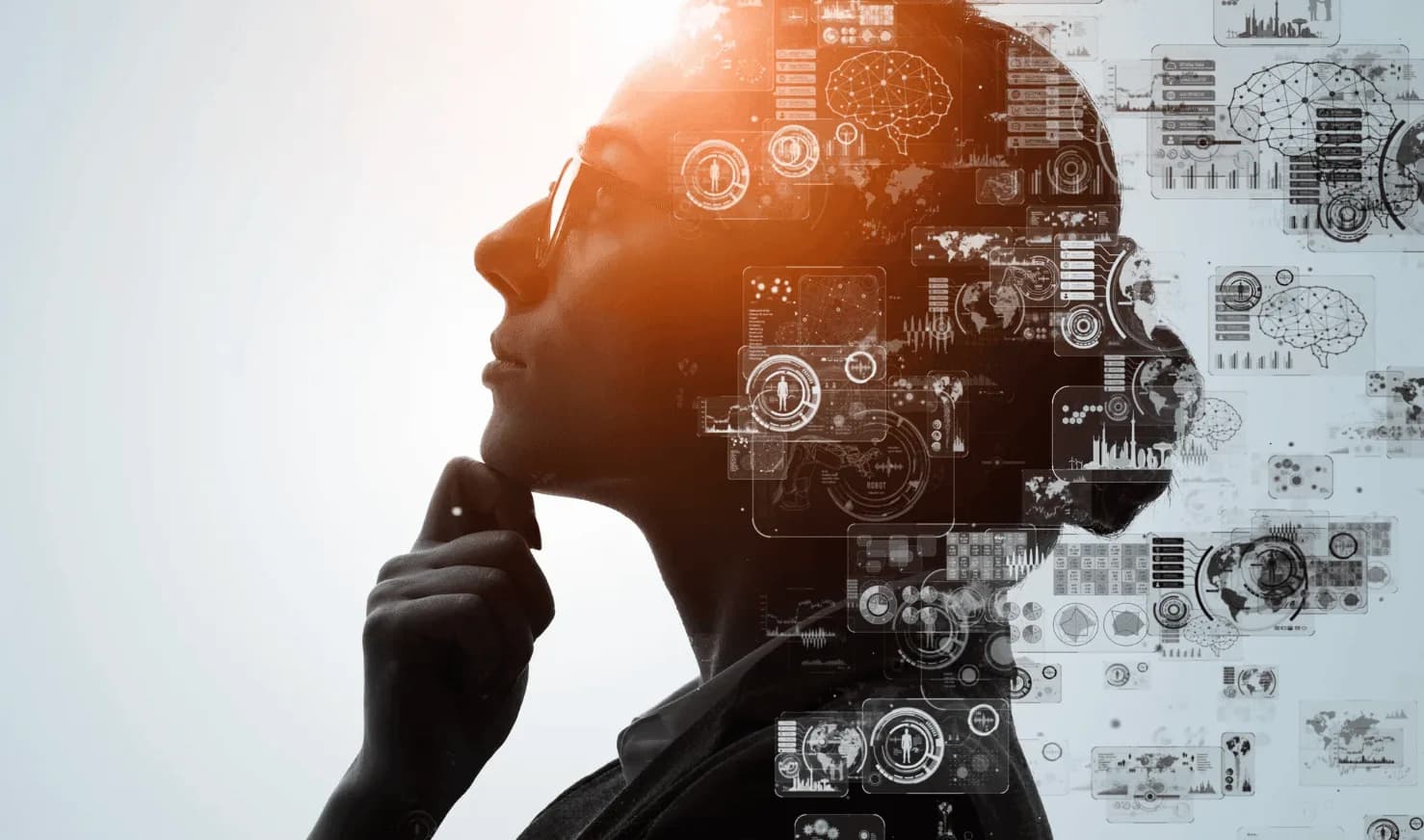 Side profile of a professional surrounded by digital data overlays — depicting the power of AI-driven scaling in Amazon ads.