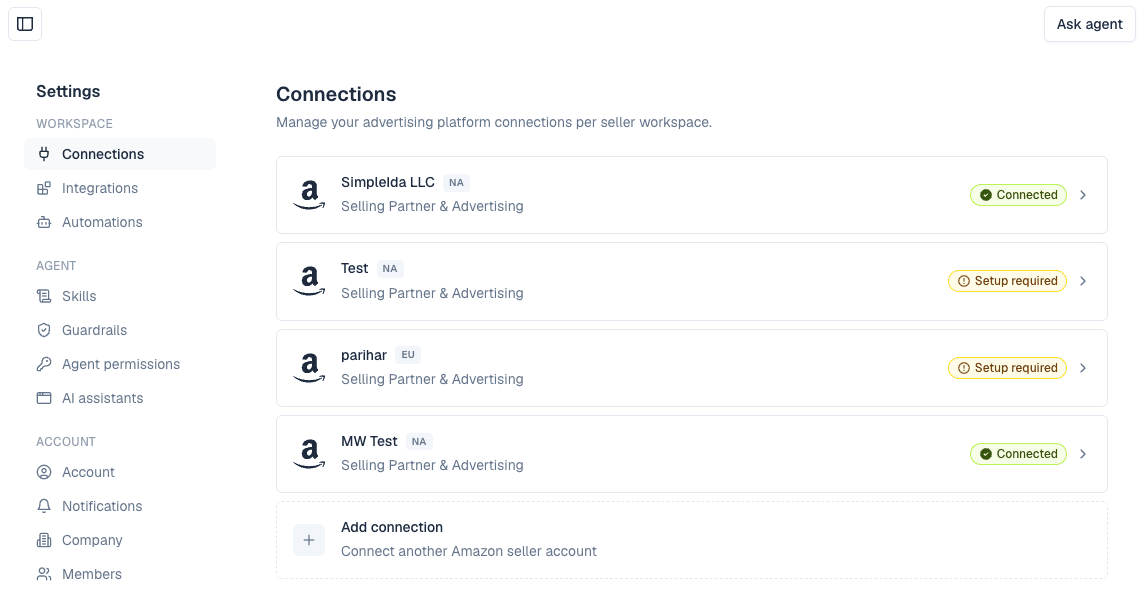 Settings → Connections in the Autron agent, listing each Amazon seller account with its status and an Add connection row