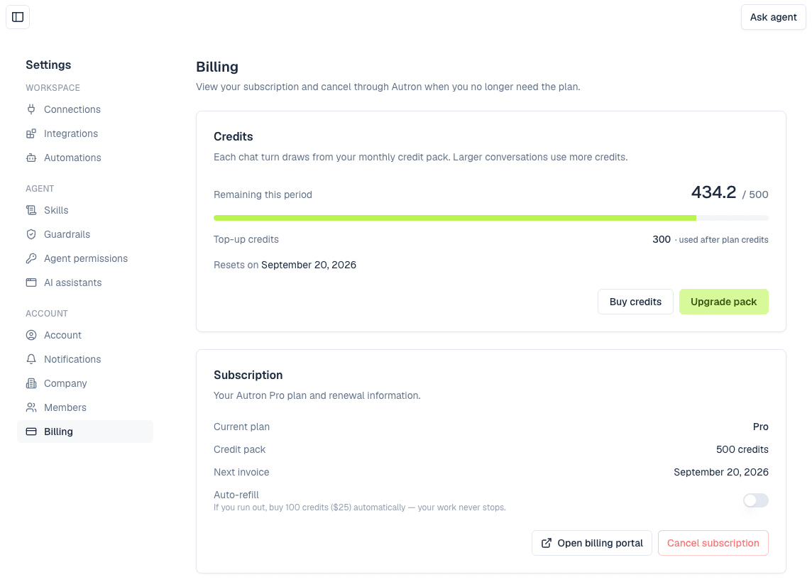 Settings → Billing in the Autron agent, showing credits remaining this period, the current plan and the cancel option