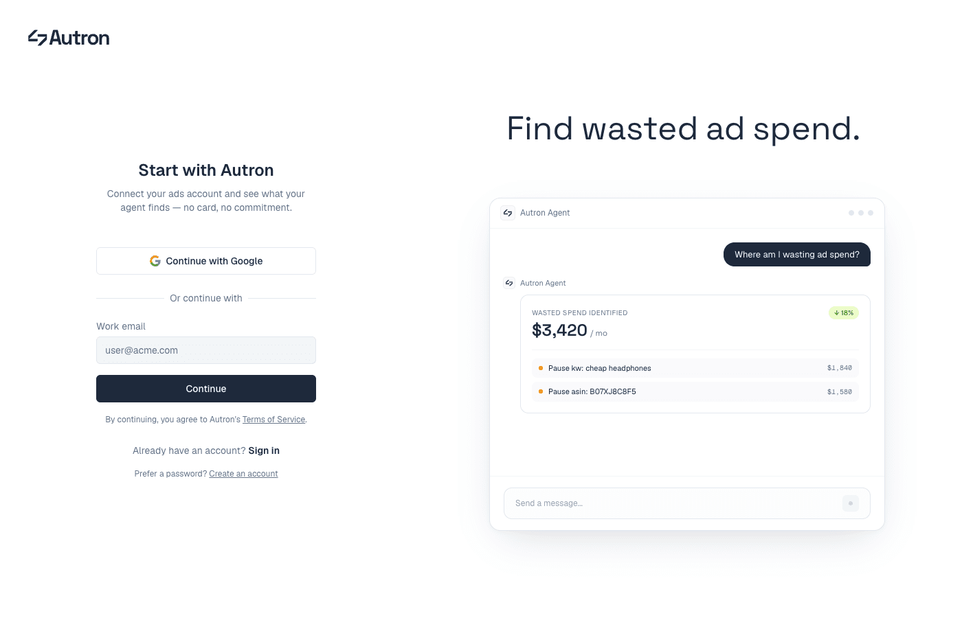 The Autron sign-up screen: continue with Google, or enter your work email for a sign-in link
