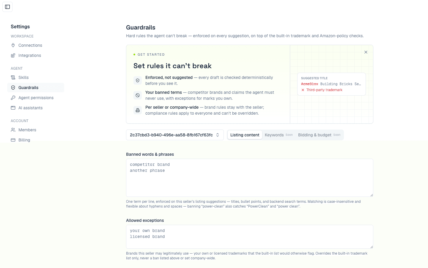 Settings → Guardrails in Autron Agent, showing the banned words and allowed exceptions fields for one seller