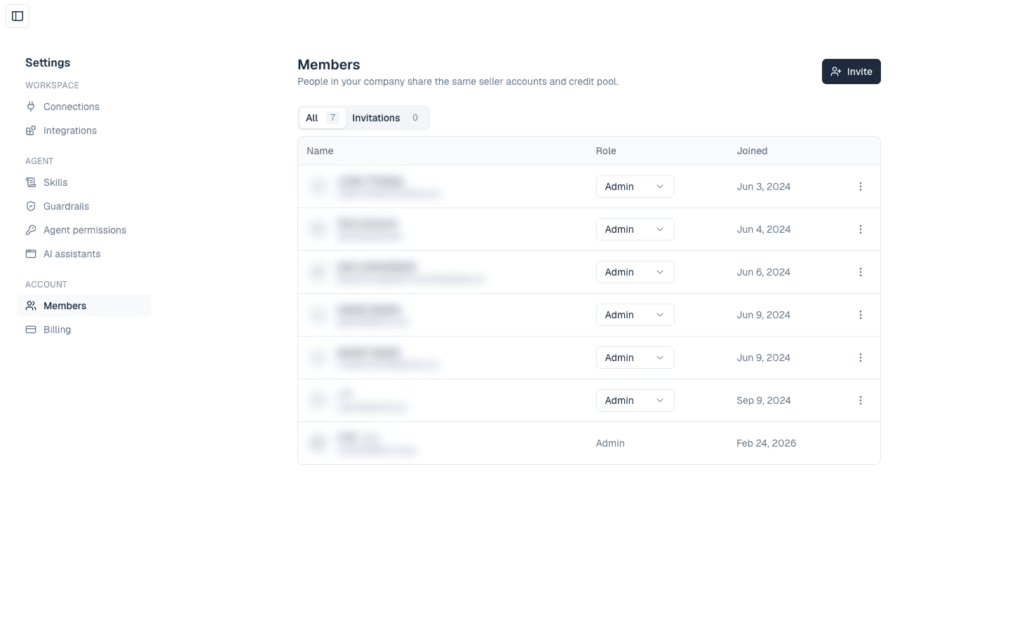 Settings → Members in Autron Agent, showing each person's role and the date they joined