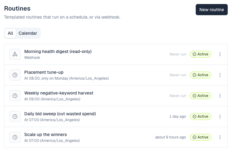 Autron Agent templated routines that run on a schedule, or via webhook.