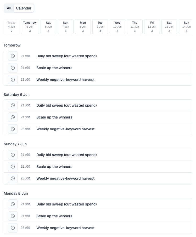 The Routines page listing saved routines with their schedule, last run and status