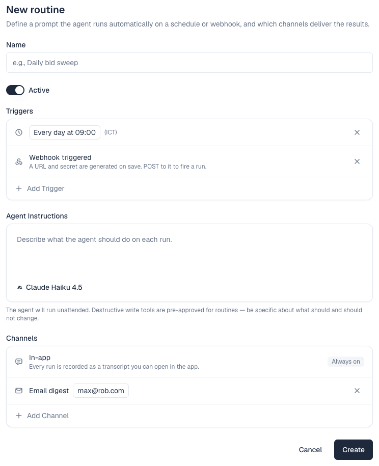 The New routine form: name, agent instructions, schedule, delivery and skills