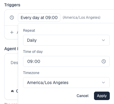 The schedule picker for a routine, with cadence options down to every 15 minutes