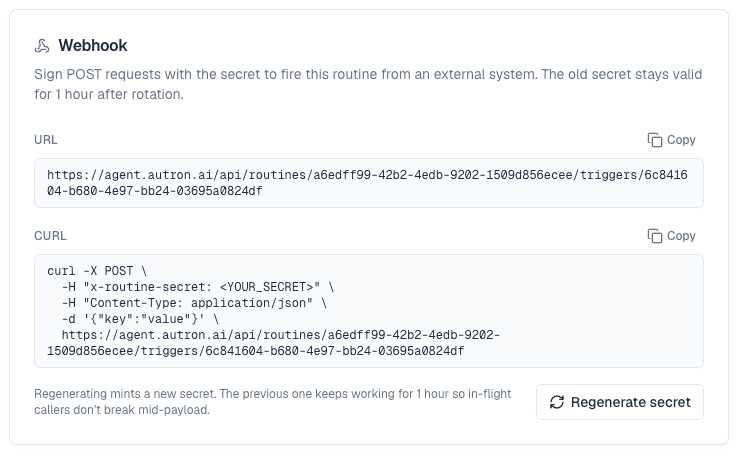 A routine's webhook trigger settings, showing the signed endpoint URL that external systems POST to