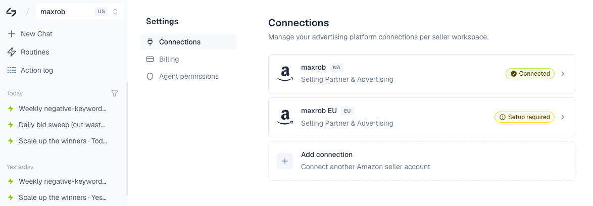 Settings → Connections: each seller in the company with its region badge and a status chip