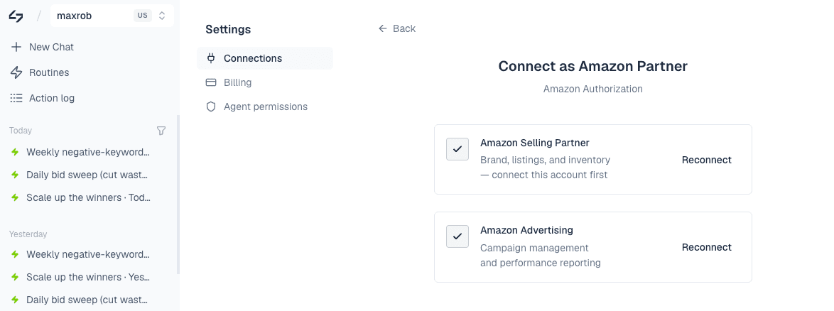 A seller's connection page with the Selling Partner and Amazon Advertising rows, each with its own Connect or Reconnect control