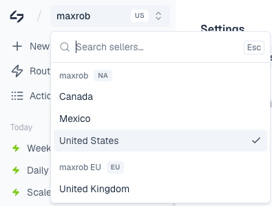 The sidebar workspace switcher open, listing sellers grouped with a row per marketplace and a search box